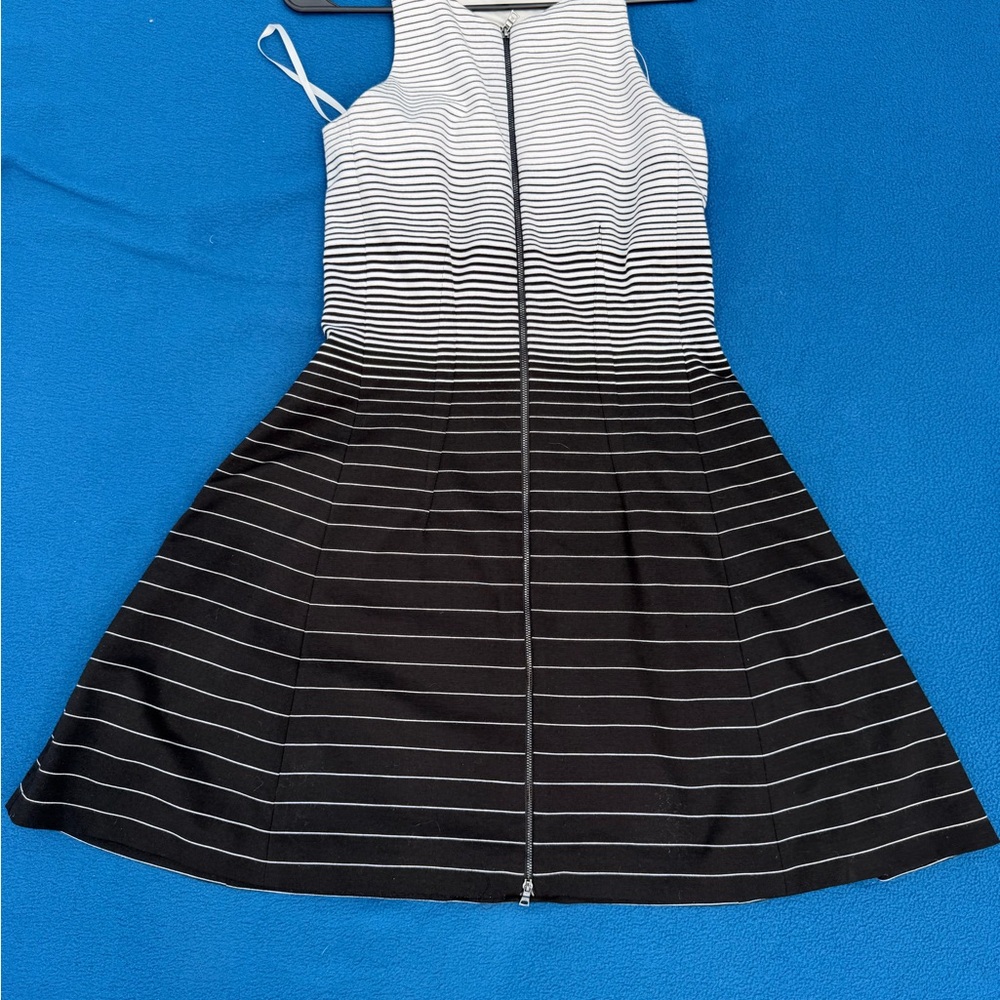 BCBGMaxAzria Black and White Striped Zip-Front Fit & Flare Dress